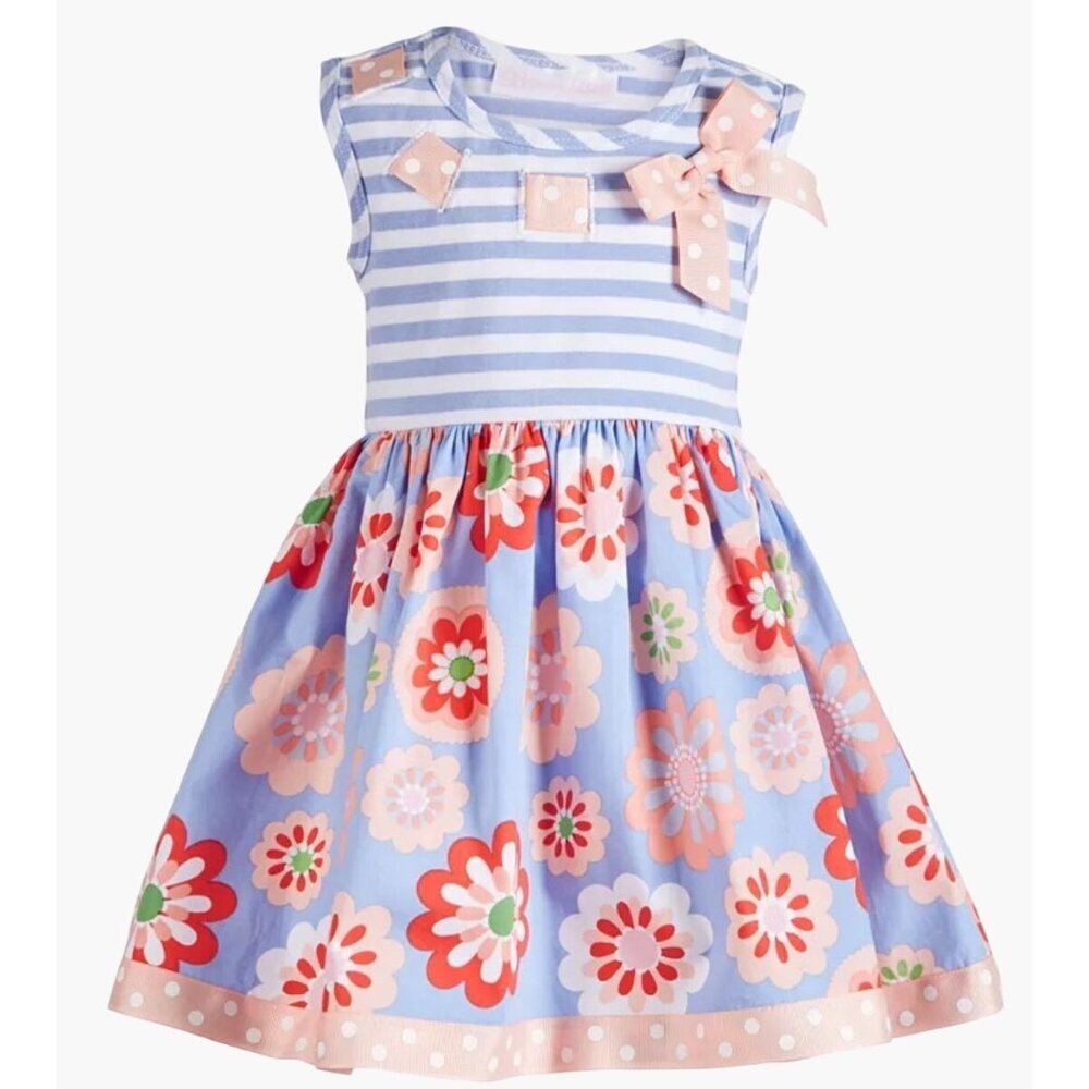 Bonnie Baby Baby Girls Size 3-6 months Periwinkle Striped Dress Floral Matching